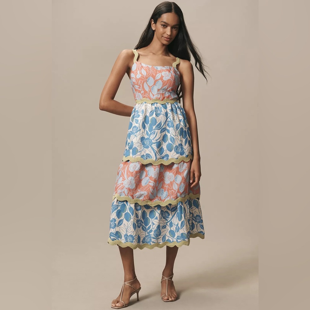 Farm Rio x Anthropologie Linen Blend Tiered Rickrack Midi Dress Sz S NWT